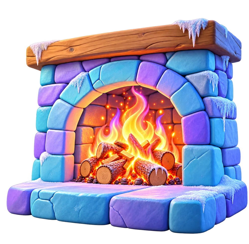 The same pastel stone fireplace, now with a bright, roaring fire
